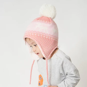 Noel Bebek Kış Ponpon Şapka Pamuk Örgü Çocuk Bere Şapka Erkek ve Kız Polar Astar ile Bombacı Kapaklar Çocuklar için