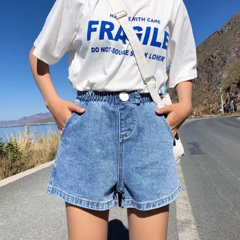 Streetwear Yaz Kadın Kot Şort 2022 Yeni Varış Yüksek Elastik Bel Geniş Bacak Şort Kot Siyah Mavi Beyaz Pembe Kısa Femme
