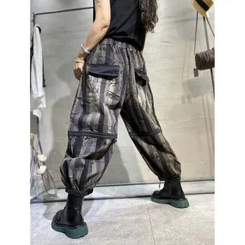 2022 Sonbahar Kış Sanat Tarzı Kadın Elastik Bel Gevşek Vintage Şerit Kot Çift Cep Pamuklu Denim harem pantolon V696