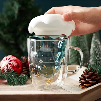 300Ml Yılbaşı Ağacı Kupa Çift Duvar yalıtımlı cam bardak Yaratıcı Sevimli Noel Hediyeleri espresso kapaklı bardak Ev mutfak cam eşyaları