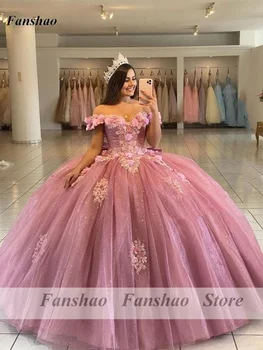 Fanshao wd503 Quinceanera Elbise Dantel Aplike Boncuklu Kapalı Omuz Balo El Yapımı Çiçekler Tatlı 16 Doğum Günü Partisi