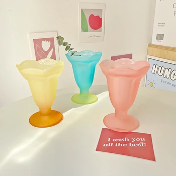 Fransız Vintage Buzlu Cam Kupa Çiçek Degrade Renk Dondurma Tatlı Soğuk İçecek Fincan Kahve Süt çay bardağı Çiçek Vazo