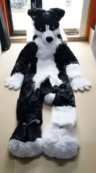 Cadılar bayramı Uzun Kürk Husky Köpek Tilki Fursuit Maskot Kostüm Suit Cosplay Elbise