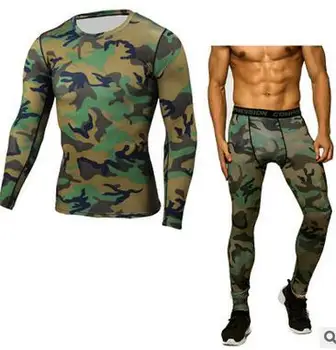 Erkek Setleri Vücut Geliştirme Kamuflaj Sıkıştırma Gömlek ve Tayt Crossfit Egzersiz Egzersiz Cilt Sıkı T Shirt Marka Giyim