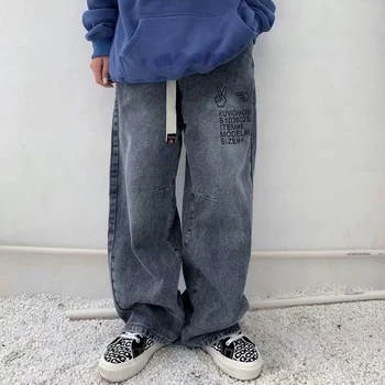 HOUZHOU Vintage Retro Şalvar Kot Kadın Harajuku Streetwear Boy Baskı Geniş Bacak Kot Pantolon Kore Tarzı Pantolon Kadın
