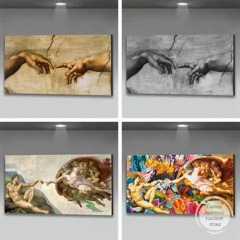Yaratılışı Adam Michelangelo Tarafından Ünlü El Tuval Boyama Posterler Baskılar Duvar Sanatı Resimleri Oturma Odası Ev Dekor