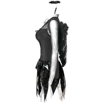 Lady Fallen Koyu Melek Şeytan Kostüm Korku Raven Halo Kanatları Kıyafet Cosplay Karnaval Cadılar Bayramı Parti Elbise