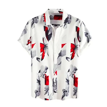 Erkekler Çiçek Gömlek Slim Fit Elbise Pamuk Keten Baskı Kısa Kollu Düğme Gömlek Erkek Moda Bluz Üst Vetement Homme 2022