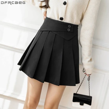 Vintage Kahverengi Siyah Yün Kış Etekler Kadın Casual Streetwear Yüksek Bel Pilili Etek Düğmesi A-line Okul Mini Faldas Kısa