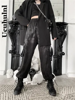 Ucuzhulnl Streetwear Geniş Bacak Pantolon Kadın Gotik Harajuku Vintage Dargon Baskı Kargo Pantolon Kadın Punk Siyah Uzun Pantolon
