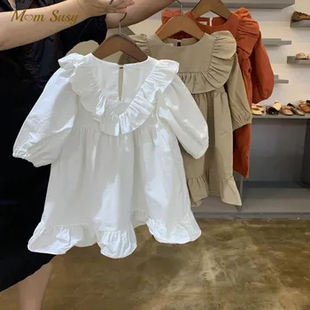 Bebek Kız Prenses Pamuk Elbise Fırfır Bebek Yürüyor Kız Vintage Vestido Uzun Kollu Bahar Sonbahar Yaz Bebek Giysileri 1-12Y