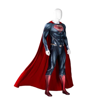 Yetişkin Süper Kahraman Çelik Adam Cosplay Custom Made Clark Kent Baskı Tulum Cadılar Bayramı Kahraman Kostüm Kırmızı Kadife Pelerin