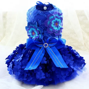 Satılık El Yapımı Köpek Elbise Pet Giysi Prenses Muhteşem Kraliyet Mavi Oyalamak 3D Çiçekler Daha Katmanlar Tül Elbisesi Kaniş Gümrükleme