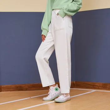 SEMIR Kot Kadın Erken Sonbahar 2021 Yeni Beyaz düz pantolon Orta Düşük Bel Tasarım Duygusu Açık Çizgi Pantolon Siyah
