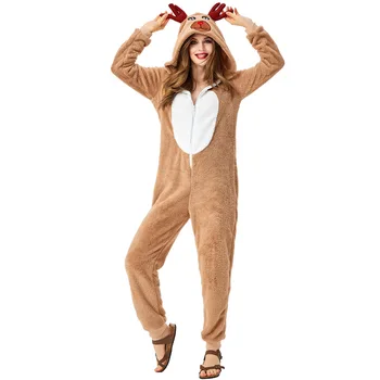 Umorden Noel Noel Elf Ren Geyiği Kostüm Pijama Kadınlar için Yetişkin Kapşonlu Rahat Açık Kahverengi Geyik Cosplay Onesie Tulum Polar