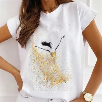Yeni Moda Mürekkep Bale Baskı Kadın Kısa kollu Gömlek Yaz O-Boyun Rahat Kadın T-shirt Yumuşak Modal Büyük Boy Elbise 24598