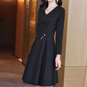 Hepburn Zarif Şık Siyah Midi Elbise Kadın İlkbahar Sonbahar Dantelli V Boyun Uzun Kollu Yüksek Bel İnce Ofis Bayanlar Parti Elbiseler
