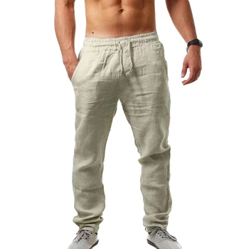 Erkek Pamuk Keten Pantolon Sonbahar Düz Renk Elastik Bel Gevşek Uzun Pantolon Erkek Hip-Hop Nefes fitness pantolonları