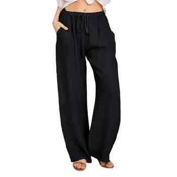 Kadın Keten pamuklu pantolonlar Yaz Sonbahar Rahat Katı Elastik Bel İpli Düz Pantolon Kadın Gevşek Ayak Bileği uzunlukta Pantolon