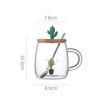 Yenilik Kaktüs cam kapaklı kupa ve kaşık kahve bardağı Kupa sevimli Şeffaf Süt Çay Kahve kaktüs fincan Drinkware Hediyeler İçin
