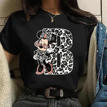 Disney Karakter Leopar Harfler Minnie Mouse Üstleri Moda Harajuku Kadın Üstleri Özel Grafik kadın Ekip Boyun T-Shirt