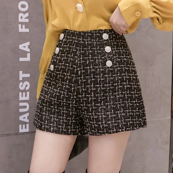 Çift Düğmeler Tüvit Şort Kadın Yüksek Bel Fermuar Kore Vintage Sonbahar Kış Yün Şort Ofis Geniş Bacak kısa pantolon X575