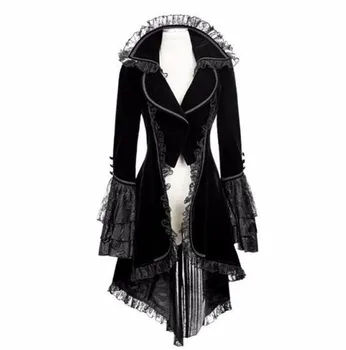 Steampunk Kadınlar Dantel Trim Dantel-up smokin Ceket Siyah Viktorya Tarzı Gotik Ceket Ortaçağ sahne sahne Elbise ince