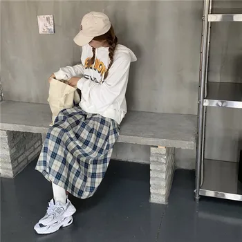 Vintage Ekose Pilili Midi Etek Kadın Kore Tarzı Tatlı Okul Öğrencileri İnce Yüksek Bel A-line Uzun Etek Harajuku Streetwear