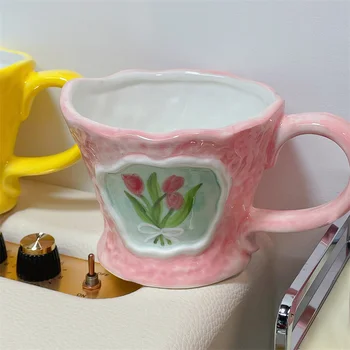 INS El Yapımı Düzensiz Kahvaltı Fincan Süt Kahve Suyu Dekor çiçekli seramik Espresso Kakao Yulaf Ezmesi Kupa 180ML Sevgilisi Su Bardağı
