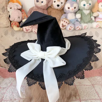Cadı Kap Cadılar Bayramı Gotik Lolita Sihirli Dantel Trim Bowkont Parti Masquerade cadı şapkası Cosplay Kostüm Aksesuarları Sihirbazı şapka