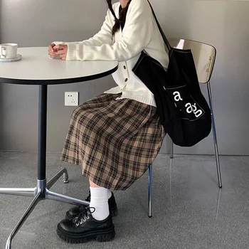 Etekler Kadın Ekose Japonya Tarzı Vintage Streetwear A-line Tüm Maç Orta buzağı Şık Harajuku Yüksek Bel Femme Zarif Pilili Günlük