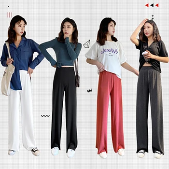 İlkbahar Summer2020 Kore Versiyonu Gevşek rahat pantolon Örgü kadın pantolonları Yüksek Bel Örtü Duygu Kat Geniş Bacak Pantolon