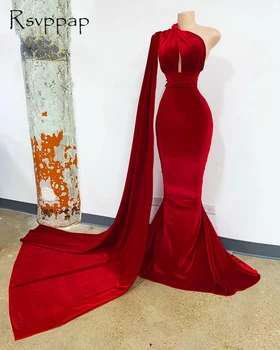 Gerçek Resim Uzun balo kıyafetleri 2022 Bir Omuz Seksi Denizkızı Tarzı Afrika Siyah Kızlar Kırmızı Kadife Gömme Balo Abiye