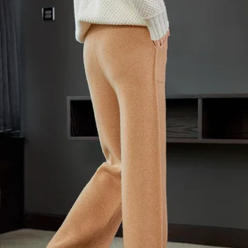 100 % yün örme geniş bacak pantolon kadın sonbahar ve kış yüksek bel düz bacak pantolon kalınlaşmış dış giyim gevşek kadın pantolonları