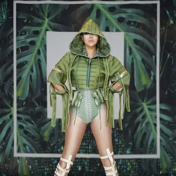Seksi Yeşil Askeri Üniforma Kostüm Spandex Leotard Ceket Gece Kulübü Kıyafeti Kadın Şarkıcı Dans Balo Bodysuit Seti