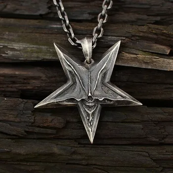 Erkek Şeytani Şeytan Ters Pentagram Kolye Baphomet Takı Şeytan Kaos Yıldız Kafatası Kolye Antik Gümüş Renk