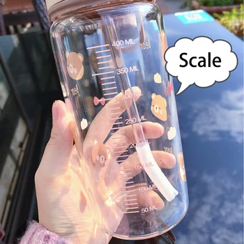 Su şişesi sevimli ayı desen ölçekli öğrenci açık spor yaratıcı eğlenceli taşınabilir sızdırmaz saman şeffaf cam