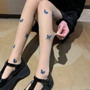 Mavi Kelebek İpek Çorap Lolita Karikatür Çorap İlkbahar Yaz Loli Cosplay Seksi İnce Sıkı Tayt