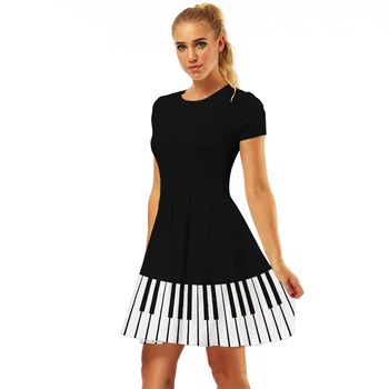 Yeni Moda Yaz Kadın Elbise Komik Beyaz ve Siyah Piyano Tuşları Baskılı Mini Elbise Eğlence Elbiseler Artı Boyutu
