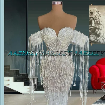 Laxsesu Mermaid Balo Elbise 2023 Tam İnciler Boncuklu Kapalı Omuz Püsküller Kat Uzunluk See Through Akşam Elbise Robe De Soiree