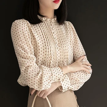 Ilkbahar Sonbahar Zarif Moda Polka Dot Baskı Şifon Gömlek Üst Kadınlar Uzun Kollu Tüm Maç Kazak Bluz Kadın Giyim