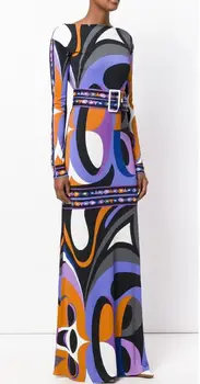 EFATZP Yeni Modası Tasarımcı Lüks Maxi Elbise kadın Uzun kollu mor Geometri Baskı Streç Jersey İpek Spandex uzun elbise