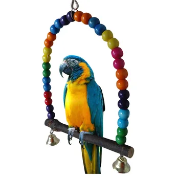 1 ADET Doğal Ahşap Papağan Salıncak Oyuncak Kuşlar renkli boncuklar Kuş Malzemeleri Bells Oyuncaklar Levrek Asılı Salıncaklar Kafesi Evcil Hayvanlar için