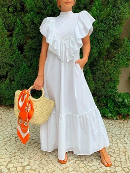 Celmia Kadınlar 2022 Yaz Kolsuz Maxi Elbise Bohemian Moda Ruffles Katı Uzun Elbiseler Casual Cepler Plaj Vestidos Robe