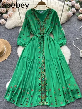 Uzun Kollu A-Line Elbiseler Kadın Zarif Parti Lüks Nakış Pist Boho Yüksek Bel Sonbahar Vintage Dantel Maxi uzun elbise