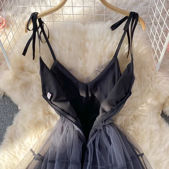 Siyah Spagetti kemerli elbise Harajuku Zarif Dantel Elbise Kadın V Boyun Örgü Elbise Kadın Yüksek Bel Mini Kısa Parti Giyim Elbiseler