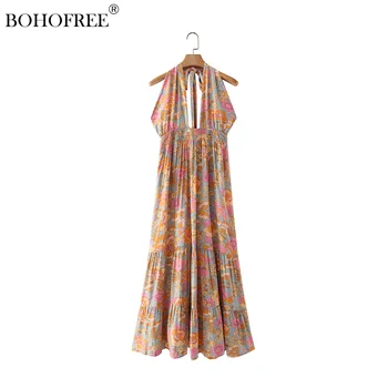 Boho Vintage Rayon Pamuk Uzun Maxi Hippi Beachwear Baskılı Elbise Bohemian Backless Spagetti Kayışı Plaj Vestidos Kadınlar