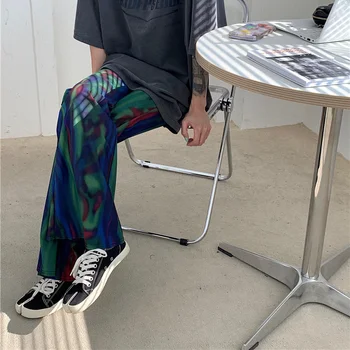Elastik Yüksek Bel Uzun Flare Pantolon Çan Alt Kore Yaz Kravat Boya Koyu Kontrast Baskı Seksi İnce Harajuku Streetwear Pantolon