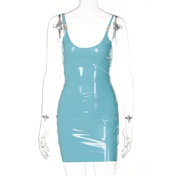 ANJAMANOR PU Deri Mini Bodycon Elbise Mavi Seksi Kulübü Kıyafetleri Kadınlar için Fermuar Backless Derin V Yaz Elbiseler 2022 D15-CF19