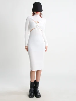 TWOTWINSTYLE Tunik Çapraz Elbiseler Kadınlar Için Yarım Yüksek Yaka Uzun Kollu Mizaç Örgü Elbise Kadın Moda Giyim